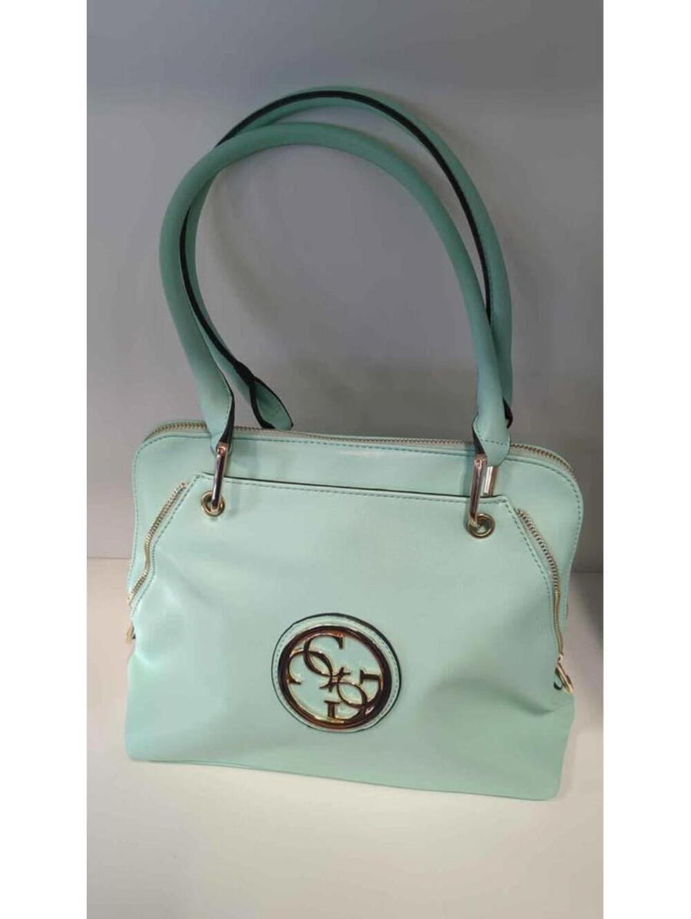 Carlo G Pale Green Handbag W/ Magnetic Pockets & Leopard Print Zippered Interior